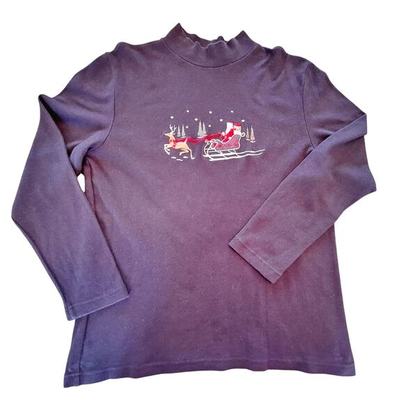 VTG Embroidered Christmas Mock Turtleneck L Black Croft & Barrow Santa Sleigh - Picture 2 of 7